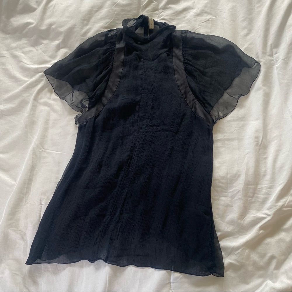 Prada Black and Blue Ruffled Short Sleeve Blouse